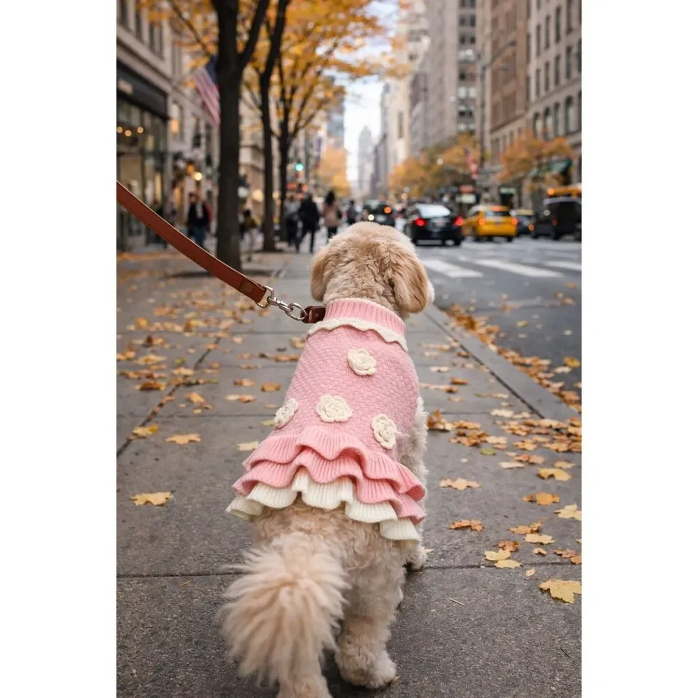 Joytale Pink Cream Knit Dog Sweater Dress Medium Ruffle Floral Pet Outfit